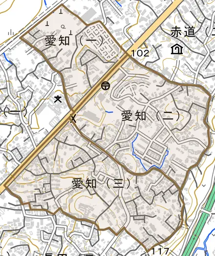 愛知とその周辺の地図。町の範囲を重ねている