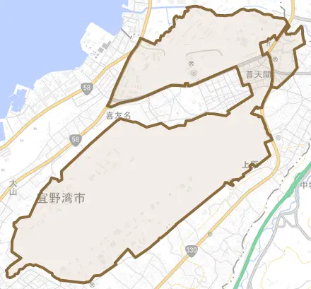 普天間とその周辺の地図。町の範囲を重ねている