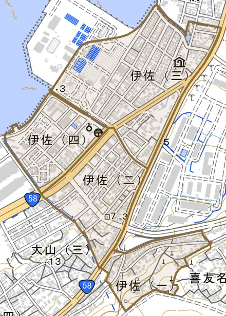 伊佐とその周辺の地図。町の範囲を重ねている