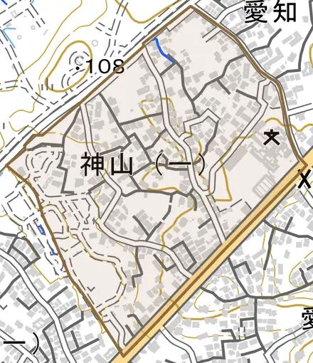 神山とその周辺の地図。町の範囲を重ねている