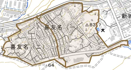 喜友名とその周辺の地図。町の範囲を重ねている