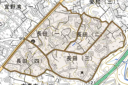 長田とその周辺の地図。町の範囲を重ねている