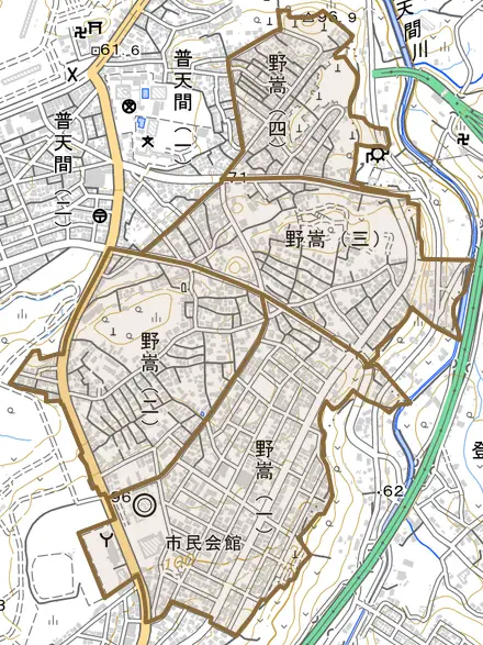 野嵩とその周辺の地図。町の範囲を重ねている
