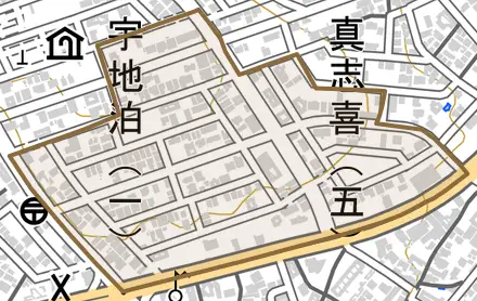 字大謝名とその周辺の地図。町の範囲を重ねている