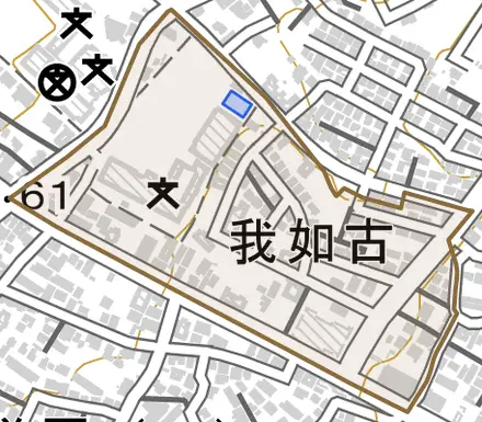 字我如古とその周辺の地図。町の範囲を重ねている