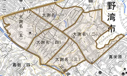 大謝名とその周辺の地図。町の範囲を重ねている