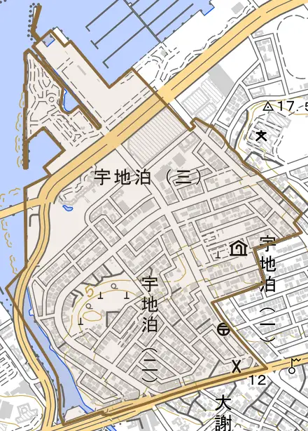 字宇地泊とその周辺の地図。町の範囲を重ねている