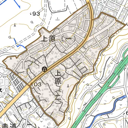 上原とその周辺の地図。町の範囲を重ねている