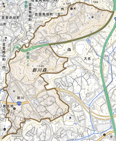 字新川とその周辺の地図。町の範囲を重ねている
