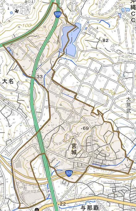 字宮城とその周辺の地図。町の範囲を重ねている