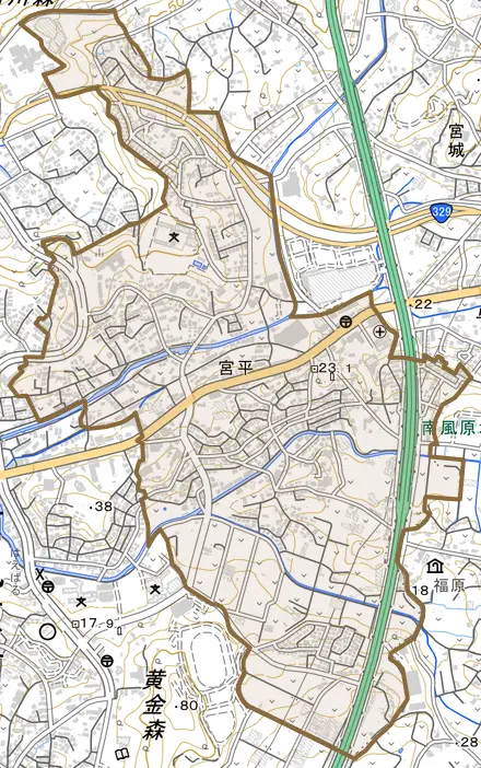 字宮平とその周辺の地図。町の範囲を重ねている