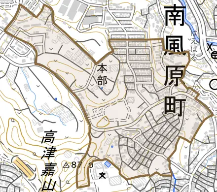 字本部とその周辺の地図。町の範囲を重ねている