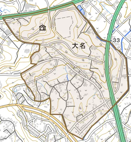 字大名とその周辺の地図。町の範囲を重ねている
