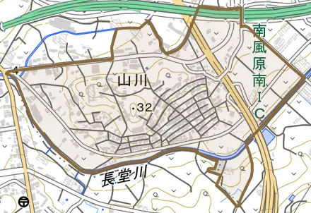 字山川とその周辺の地図。町の範囲を重ねている