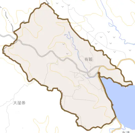 字有銘とその周辺の地図。町の範囲を重ねている