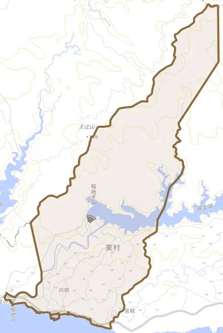 字川田とその周辺の地図。町の範囲を重ねている