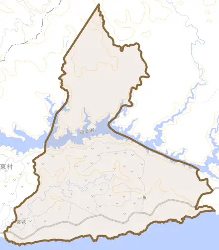 字宮城とその周辺の地図。町の範囲を重ねている