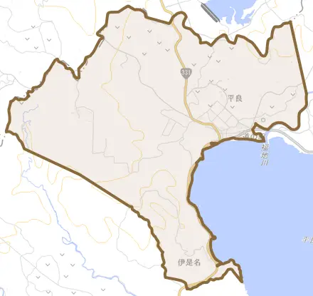 字平良とその周辺の地図。町の範囲を重ねている