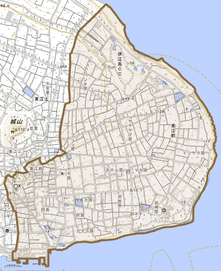 字東江前とその周辺の地図。町の範囲を重ねている
