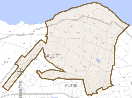 字東江上とその周辺の地図。町の範囲を重ねている