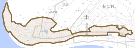字西江前とその周辺の地図。町の範囲を重ねている
