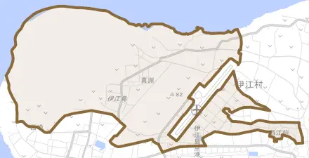 字西江上とその周辺の地図。町の範囲を重ねている