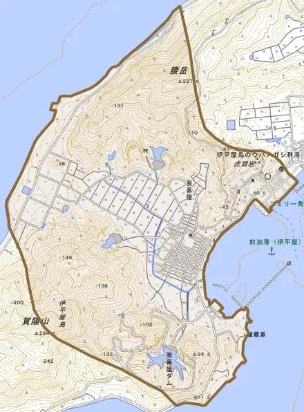 字我喜屋とその周辺の地図。町の範囲を重ねている