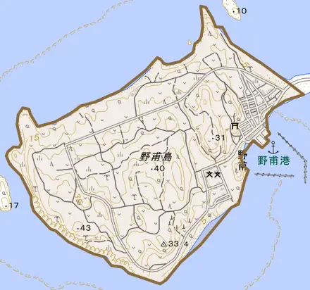 字野甫とその周辺の地図。町の範囲を重ねている