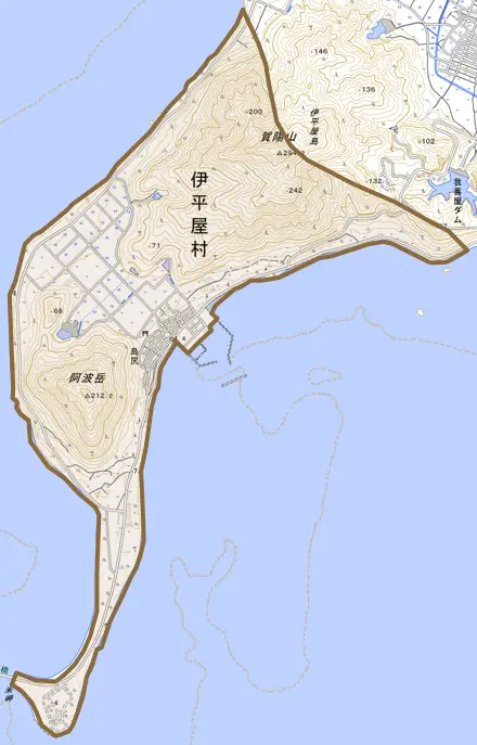 字島尻とその周辺の地図。町の範囲を重ねている