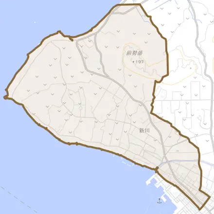 字新川とその周辺の地図。町の範囲を重ねている