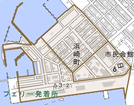 浜崎町とその周辺の地図。町の範囲を重ねている