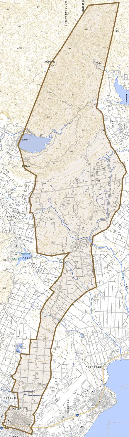字平得とその周辺の地図。町の範囲を重ねている