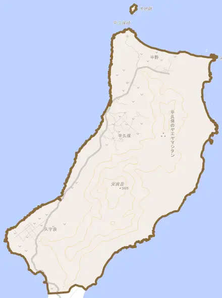 字平久保とその周辺の地図。町の範囲を重ねている