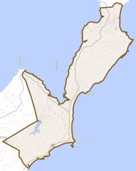 字伊原間とその周辺の地図。町の範囲を重ねている