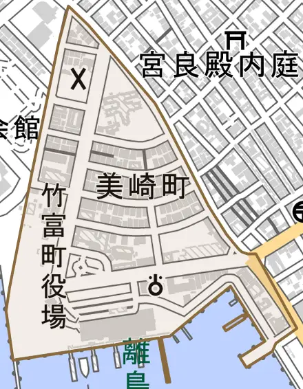 美崎町とその周辺の地図。町の範囲を重ねている