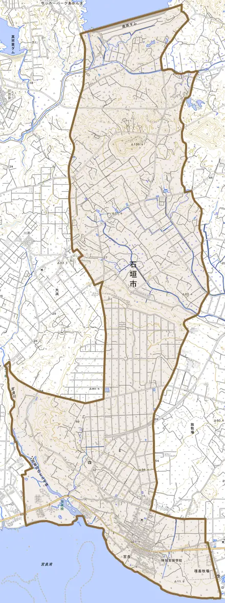字宮良とその周辺の地図。町の範囲を重ねている