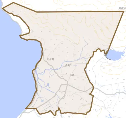 字名蔵とその周辺の地図。町の範囲を重ねている