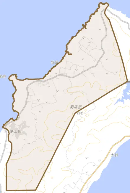 字野底とその周辺の地図。町の範囲を重ねている