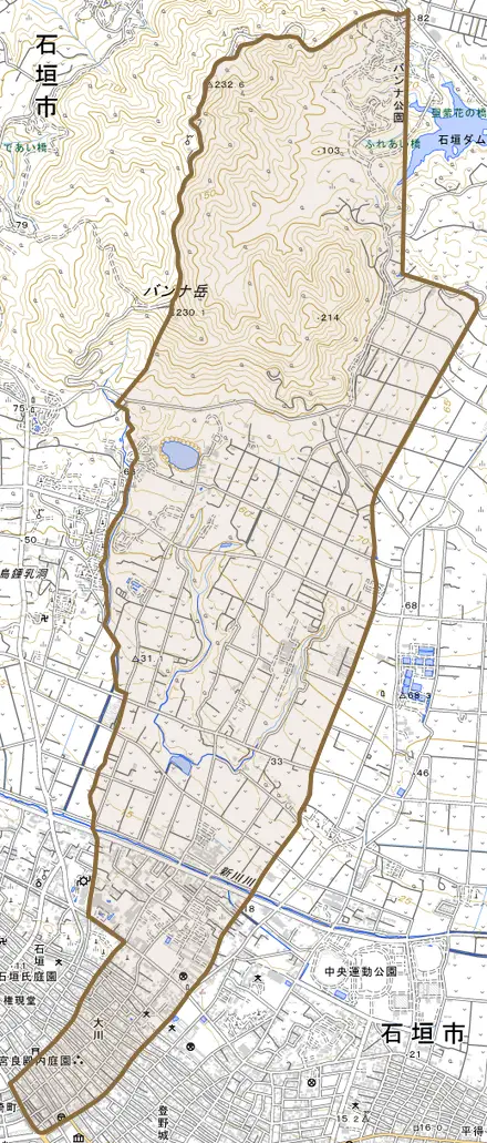 字大川とその周辺の地図。町の範囲を重ねている