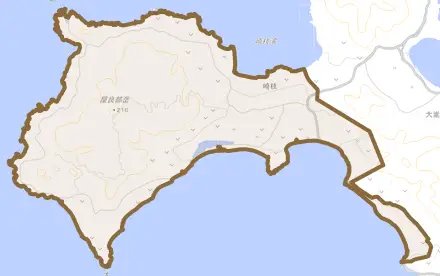 字崎枝とその周辺の地図。町の範囲を重ねている