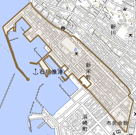 新栄町とその周辺の地図。町の範囲を重ねている