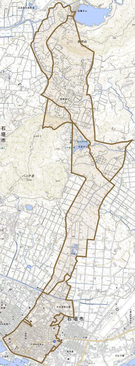 字登野城とその周辺の地図。町の範囲を重ねている