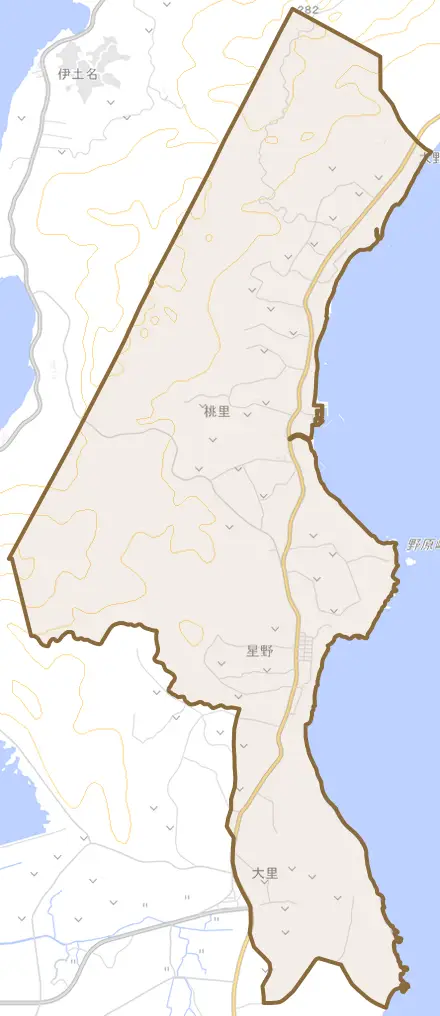 字桃里とその周辺の地図。町の範囲を重ねている