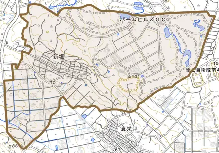 字新垣とその周辺の地図。町の範囲を重ねている