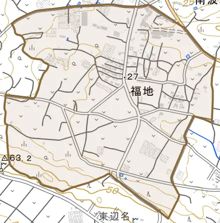 字福地とその周辺の地図。町の範囲を重ねている