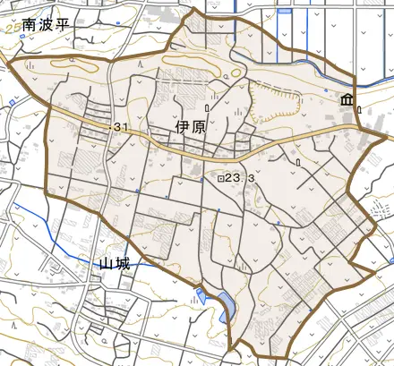 字伊原とその周辺の地図。町の範囲を重ねている