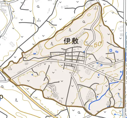 字伊敷とその周辺の地図。町の範囲を重ねている