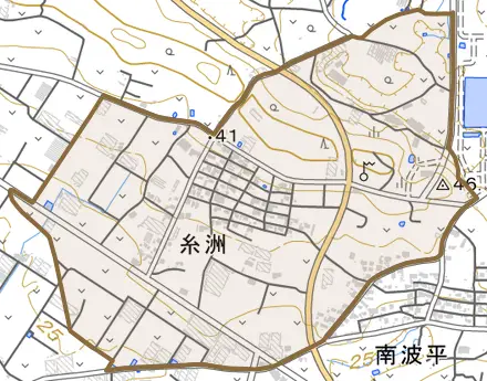 字糸洲とその周辺の地図。町の範囲を重ねている