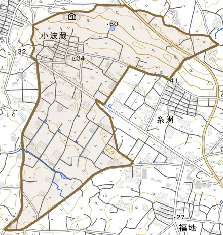 字小波蔵とその周辺の地図。町の範囲を重ねている