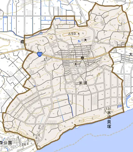 字米須とその周辺の地図。町の範囲を重ねている